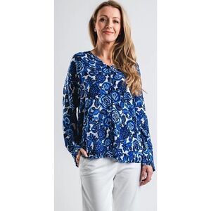 Masai Ida Floral Tunic Blouse Greek Blue NWT M